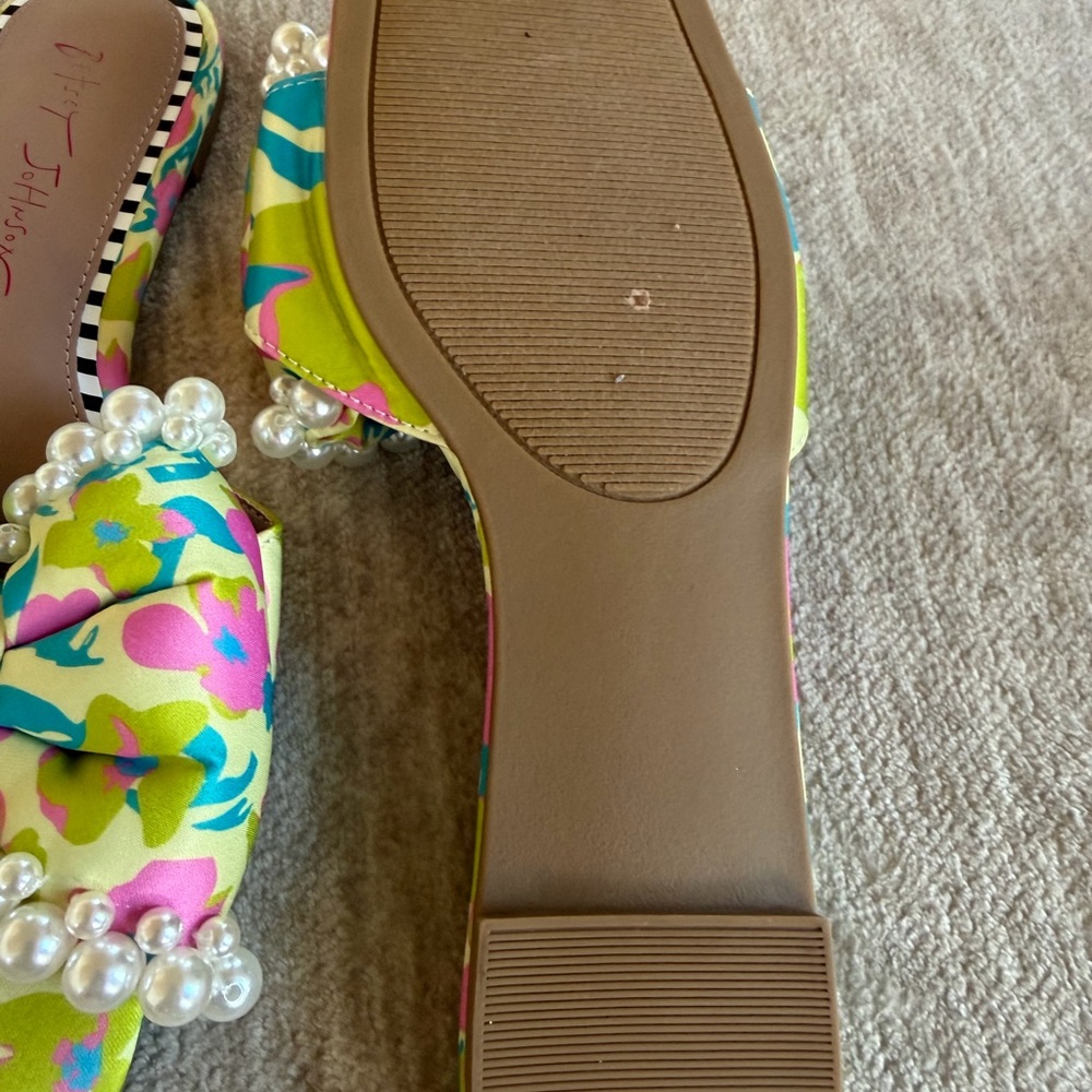 Betsey Johnson Pink, Turquoise & Lime Pearl-Trim Bow Slide Sandals - Picture 3 of 4
